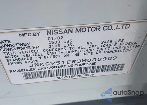 2003 Infiniti G35 Luxury Leather from USA, damaged, VIN JNKCV51E63M000909